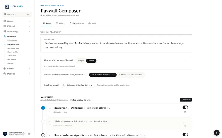 Paywall Composer — rules, offers, experiments