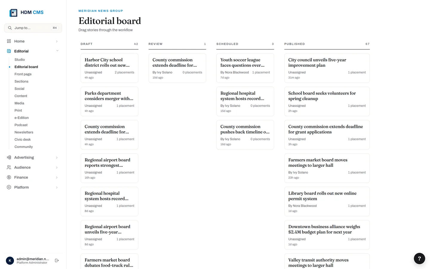 The editorial board — drag-and-drop kanban from pitch to published