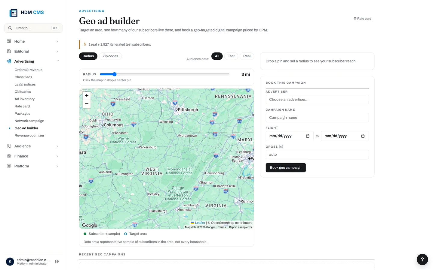 Geo ad builder — drop a pin, see real subscriber reach, book the campaign