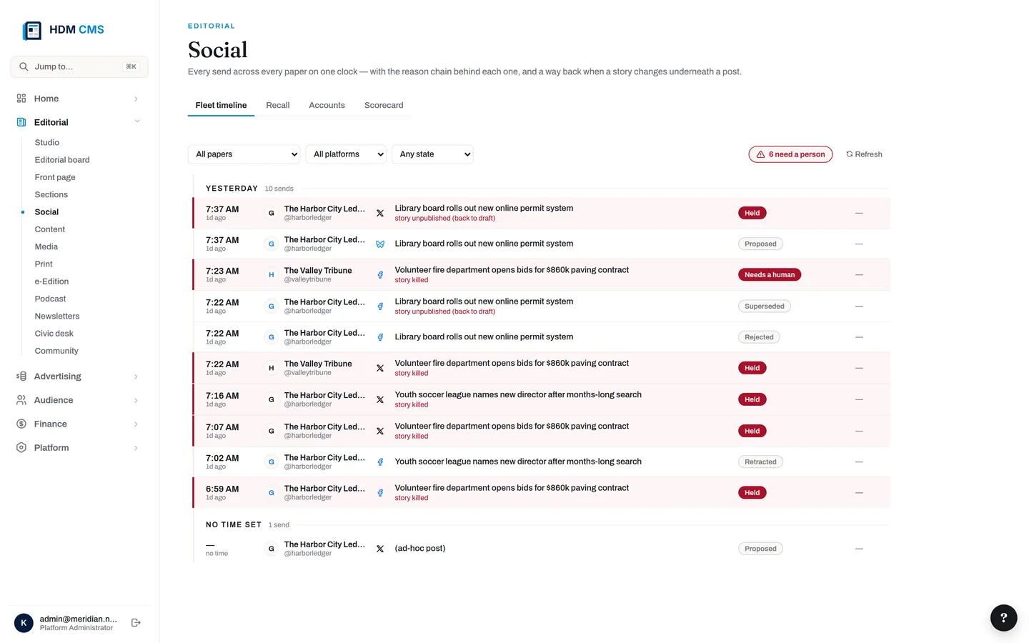 The social desk — every send across every paper, with the reason chain