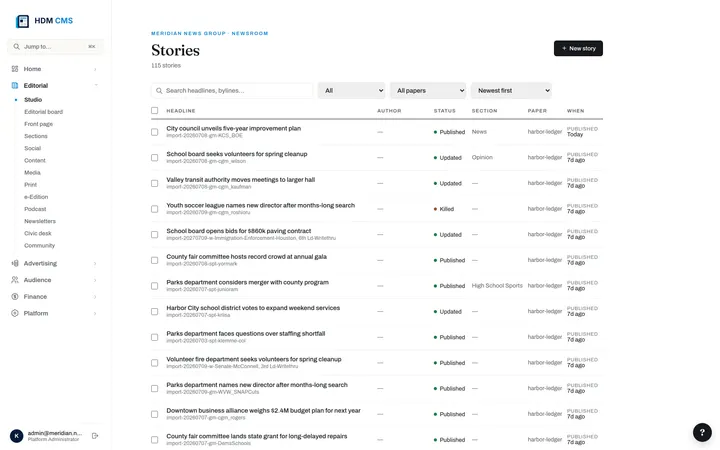 Studio — the story list